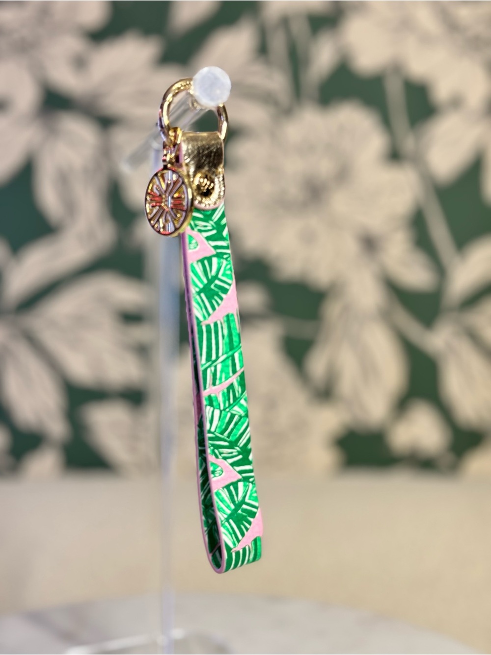 Lilly Pulitzer Pink & Green Leaf Print Wristlet Key Holder with Gold Charm NWOT